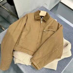 Miu Miu Cropped Canvas Workwear Jacket with Corduroy Collar